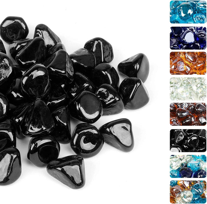 1'' High Luster Reflective Tempered Black Fire Glass Diamonds Rock for Fire Pit, Fireplace, 10 LBS Kit