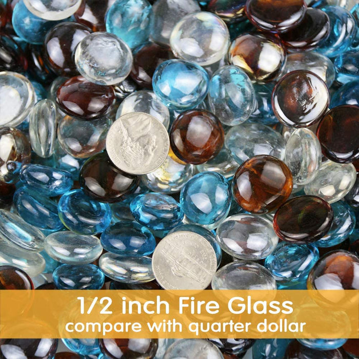 10 Pounds 1/2 Inch Ultra-White + Caribbean Blue + Copper Round Safe Fire Pit Glass Beads Glass Rocks for Natural or Propane Fireplace for Outdoors and Indoors Firepit