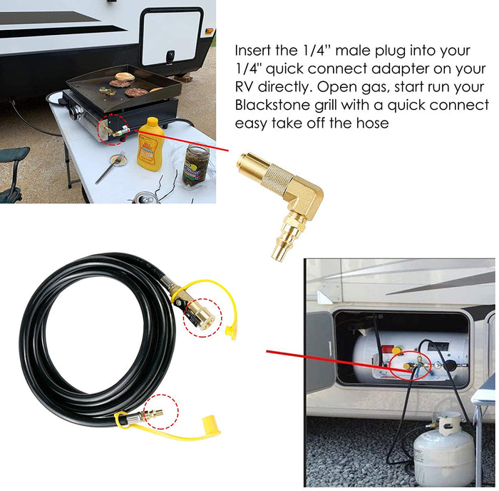 Quick-Connect RV Propane 12 Ft Hose with 90 Degree Elbow Adapter Fitting for Blackstone 17"/22" Griddle or RV Trailer, Camper Gas Grill Conversion 1/4" Quick Connect and Shutoff Valve Kit