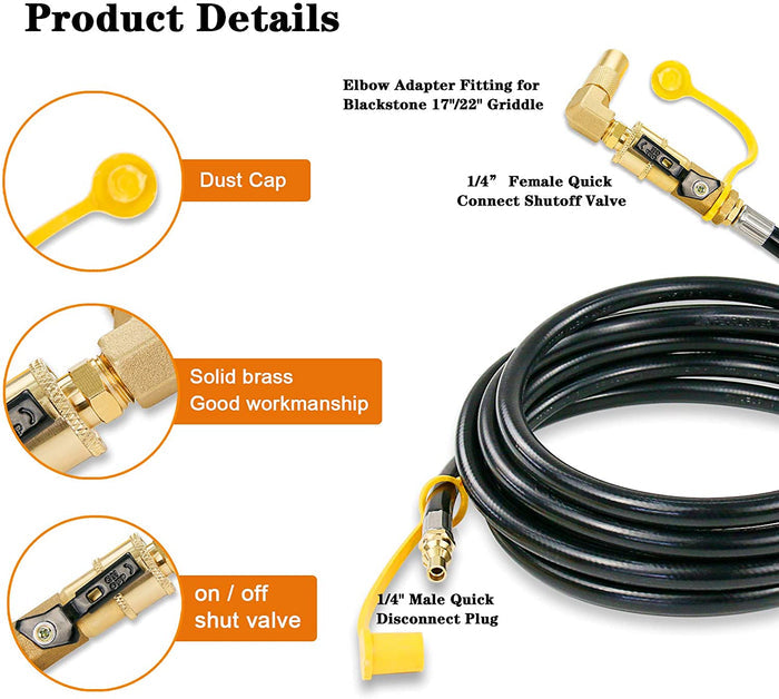Quick-Connect RV Propane 12 Ft Hose with 90 Degree Elbow Adapter Fitting for Blackstone 17"/22" Griddle or RV Trailer, Camper Gas Grill Conversion 1/4" Quick Connect and Shutoff Valve Kit