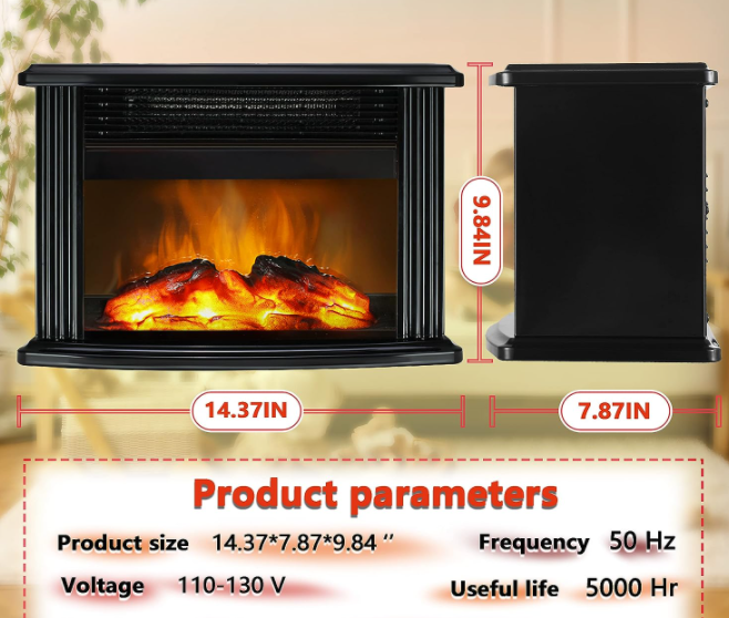 14" Mini Electric Fireplace Tabletop Portable Heater, 1500W, Room Heater, Space Heater, Black Metal Frame