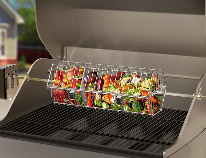 17'' Long Stainless Steel Round Tumble Rotisserie Basket Cooking Accessory Fits for Most Grills
