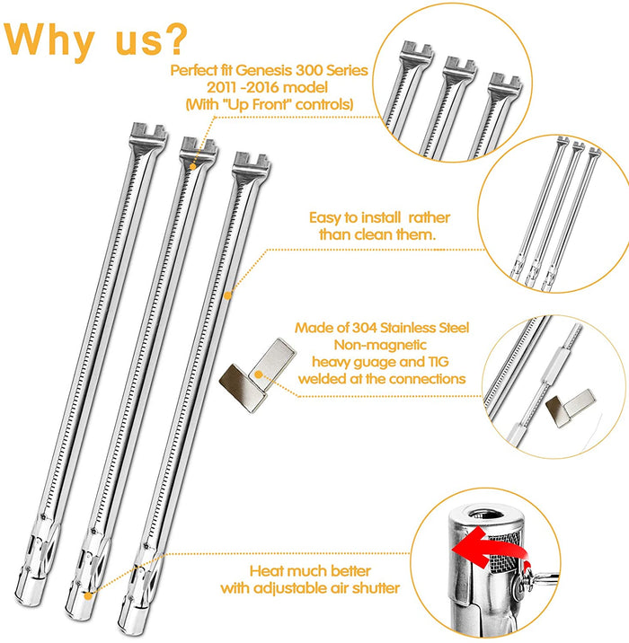 Weber 19.5 Inch 62752 Burner Tube Kit 304 Stainless Steel Replacement for Weber Genesis 310 E310 E320 EP310, 300 Pronpane (LP) with Front Control Knob