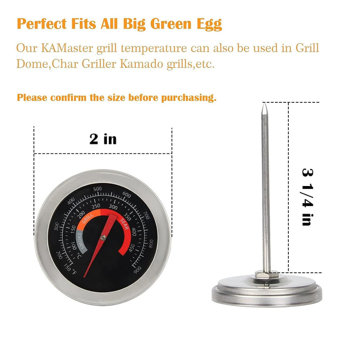 2" BBQ Grill Temperature Gauge for Big Green Egg and Char-Griller Kamado Ceramic Egg Smoker Grills