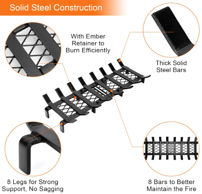 24" Fireplace Grates with Ember Retainer for Inside Fireplaces, Wood Holder Log Grate for Wood Stove