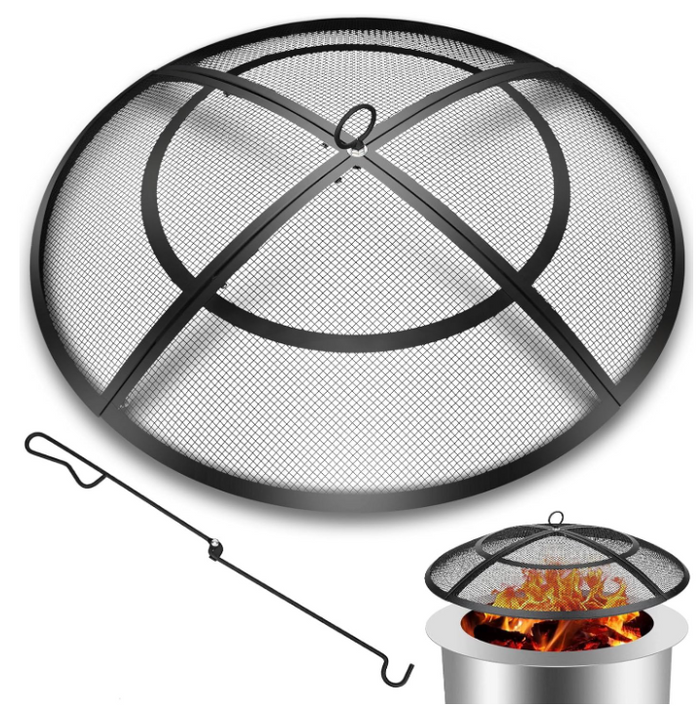 24 Inch Fire Pit Spark Screen with Handle & Poker, Heavy-Duty Steel Firepit Cover Round Mesh