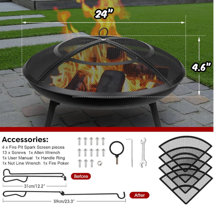 24 Inch Fire Pit Spark Screen with Handle & Poker, Heavy-Duty Steel Firepit Cover Round Mesh