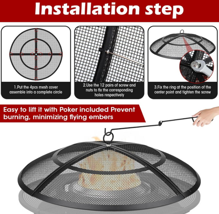 24 Inch Fire Pit Spark Screen with Handle & Poker, Heavy-Duty Steel Firepit Cover Round Mesh