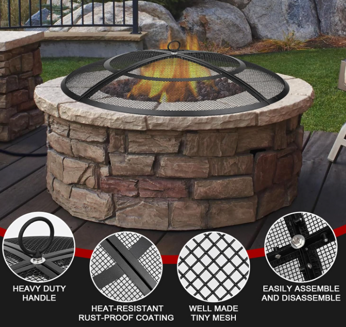 24 Inch Fire Pit Spark Screen with Handle & Poker, Heavy-Duty Steel Firepit Cover Round Mesh