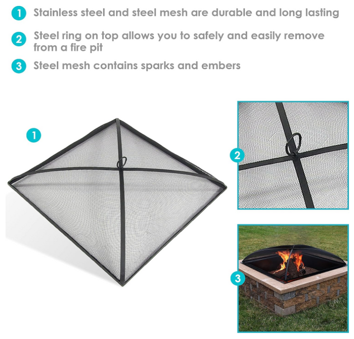 24 Inch Square Heavy-Duty Black Steel Mesh Fire Pit Spark Screen Cover