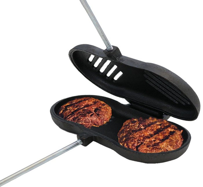 27" L Handle Cast Iron Double Broiler for Outdoor Cooking, Fire Pit, Campfire, Hamburger Burger Griller
