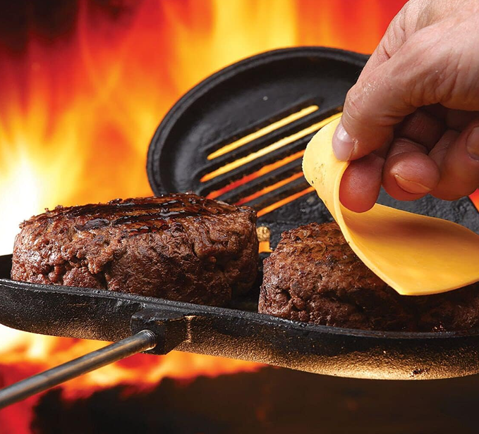 27" L Handle Cast Iron Double Broiler for Outdoor Cooking, Fire Pit, Campfire, Hamburger Burger Griller