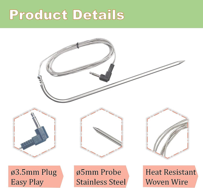 2Pcs Meat Probe Thermometer for Flame Boss 100, 200 and 300 Series Wood Pellet Grill and Smokers