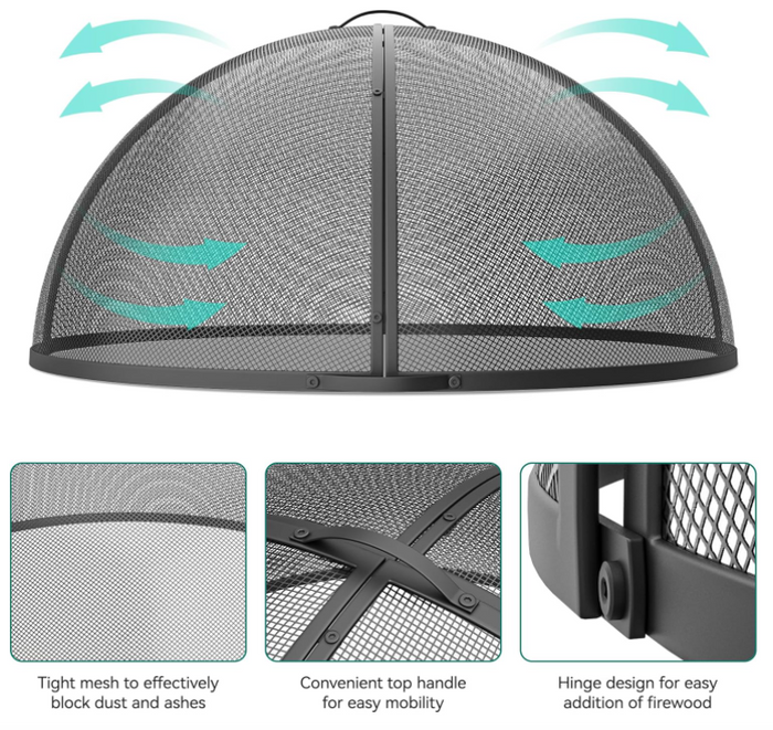 36 Inch Round Fire Pit Spark Screen Cover , Heavy-Duty Mesh Guard with Handle and Poker, Easy-Opening