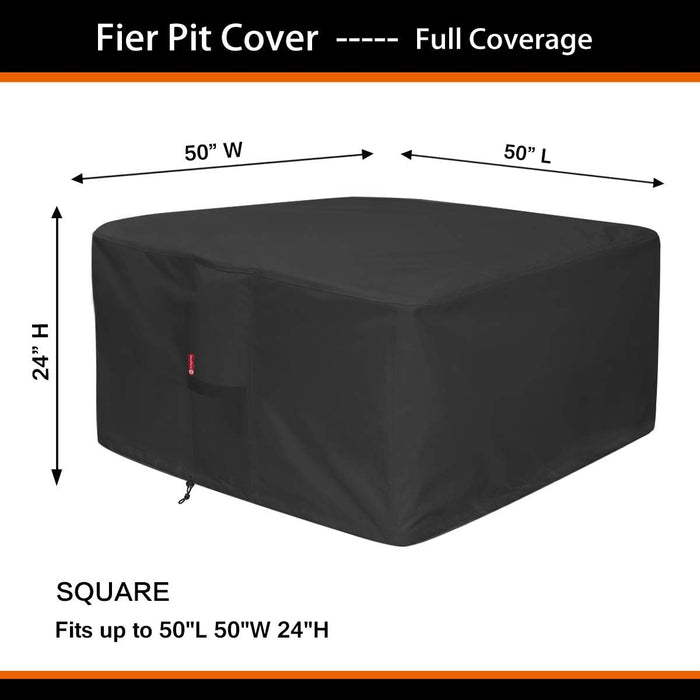 50" Premium Square Patio Fire Pit Table Cover, 50"L x 50"W x 24"H, Waterproof 600D Heavy Duty Fire Pit Cover