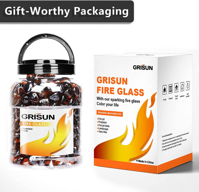 1'' High Luster Reflective Tempered Amber Fire Glass Diamonds Rock for Fire Pit, Fireplace, 10 LBS Kit