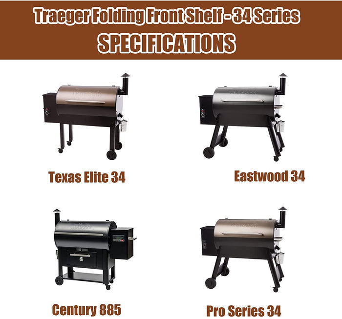 BAC363 Folding Front Shelf for Traeger Pro 34 Series, Texas Elite 34, Century 885 and Eastwood 34 Series Pellet Grills, 37" L x 12" W