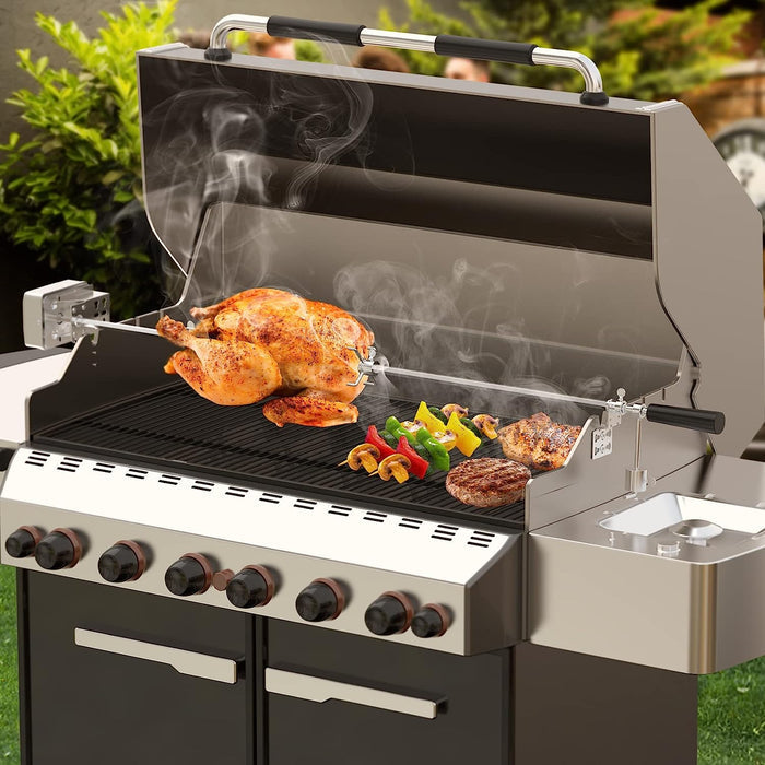 BBQ Grill Rotisserie Kit with 110V Electric Motor for most 4-6 Burner Gas Grills