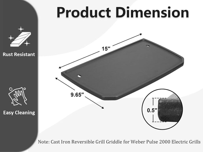 Cast Iron Cooking Griddle for Weber Pulse 2000 Gas Grill, Grill Plate Replacement Part