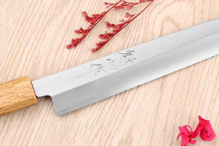 Couteau yanagiba 24cm japonais artisanal Nakamura Kaishin Saku WS2 en chêne