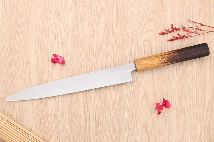 Couteau yanagiba 24cm japonais artisanal Nakamura Kaishin Saku WS2 en chêne