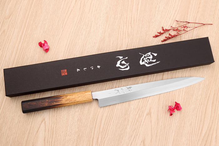 Couteau yanagiba 24cm japonais artisanal Nakamura Kaishin Saku WS2 en chêne