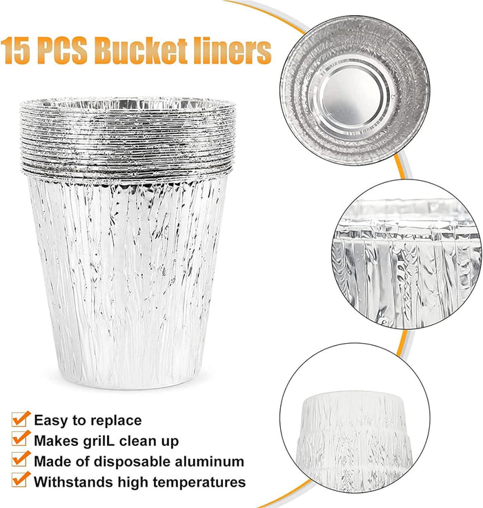 Drip Bucket and 15-Pack Disposable Foil Liners for Traeger, Oklahoma Joe's, Pit Boss, Z Grill, Grill Grease Bucket Fits Most Offset Smokers
