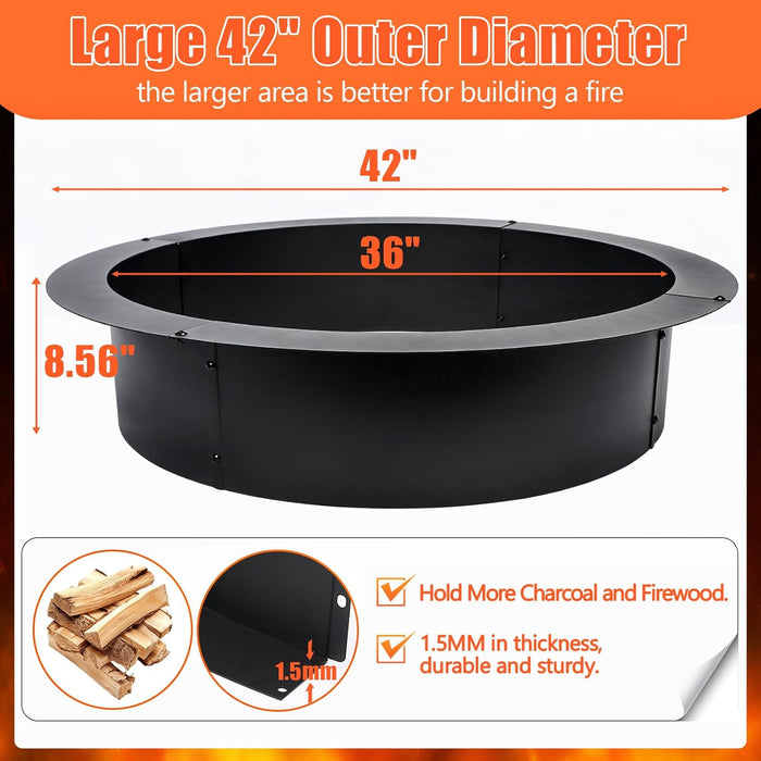 Fire Pit Ring 42-Inch Outer/36-Inch Inner Diameter Gas/Wood Firepit Ring DIY Fire Pit Rim Above or In-Ground for Backyard, Camping Outdoors