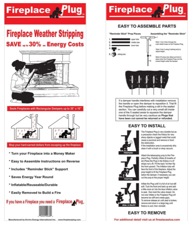 Fireplace draft stopper (large plug - fits most masonry fireplaces with dampers up to 38x16")
