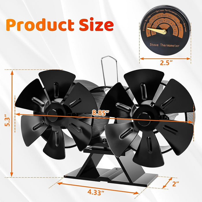 Wood Stove Fan Heat Powered Stove Fan 12 Blades Dual Motors for Wood Burning Stove/Pellet/Log Burner, with Magnetic Thermometer
