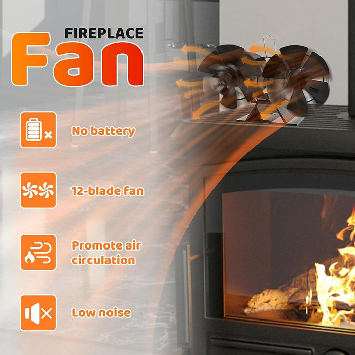 Wood Stove Fan Heat Powered Stove Fan 12 Blades Dual Motors for Wood Burning Stove/Pellet/Log Burner, with Magnetic Thermometer