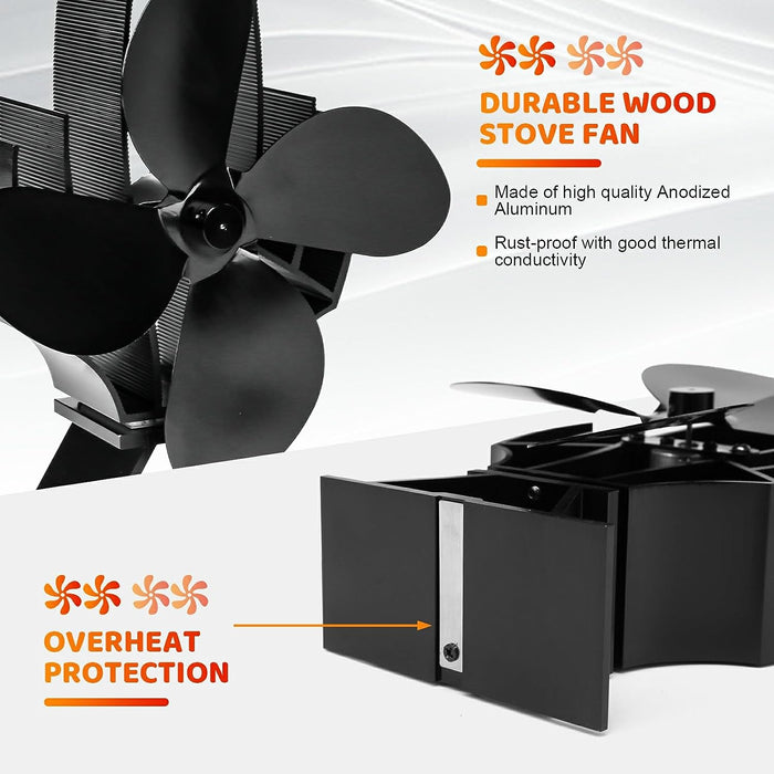 Heat Powered Stove Fan for Wood Burning Stove/Pellet/Log Burner/Portable Buddy, 4 Blade Fan for Wood/Log Burner/Fireplaces