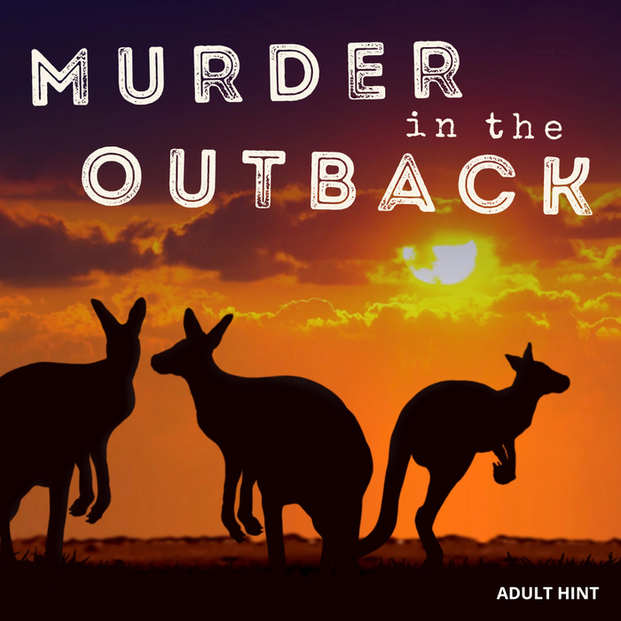 Silhouettes of kangaroos against an orange sunset sky with 'Murder in the Outback' adult hint text overlay.