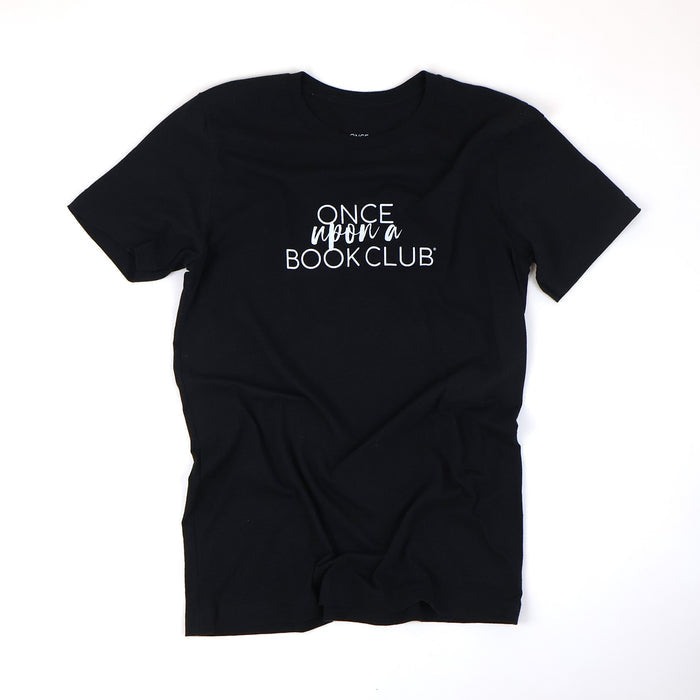 A black short-sleeve crewneck t-shirt with the text 'Once Upon a Book Club' printed in white on the chest, laid flat on a white background.