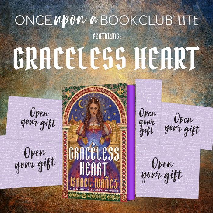 Book titled 'Graceless Heart' by Isabel Ibanez surrounded by "Open Your Gift" envelopes on a textured background.