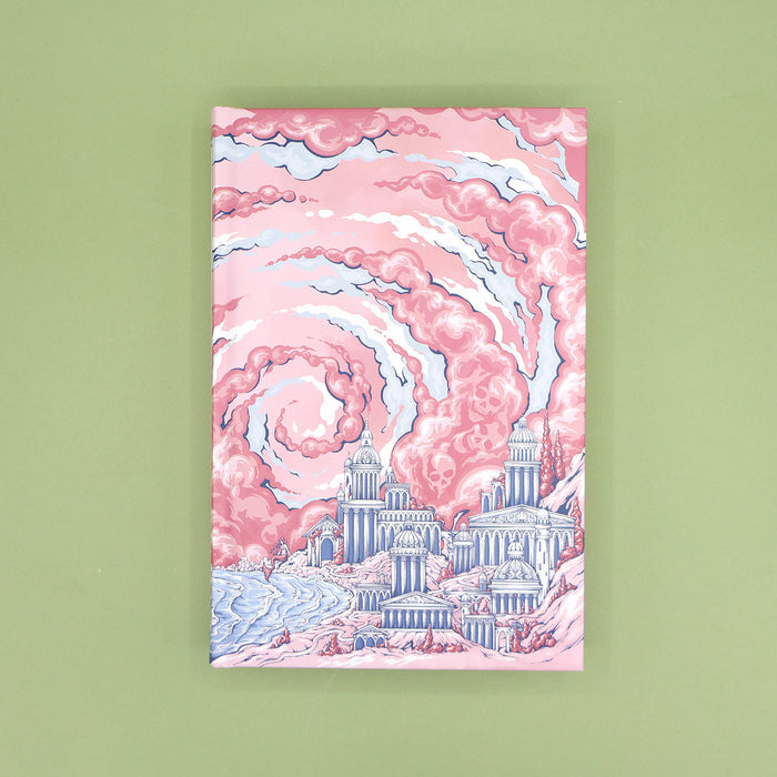 A closed copy of 'The Wicked Sea' without the dust jacket featuring artwork of a cityscape with pink clouds on a green background