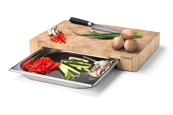 Planche à découper Continenta en bois 39x27x6cm + bac inox - Hévéa