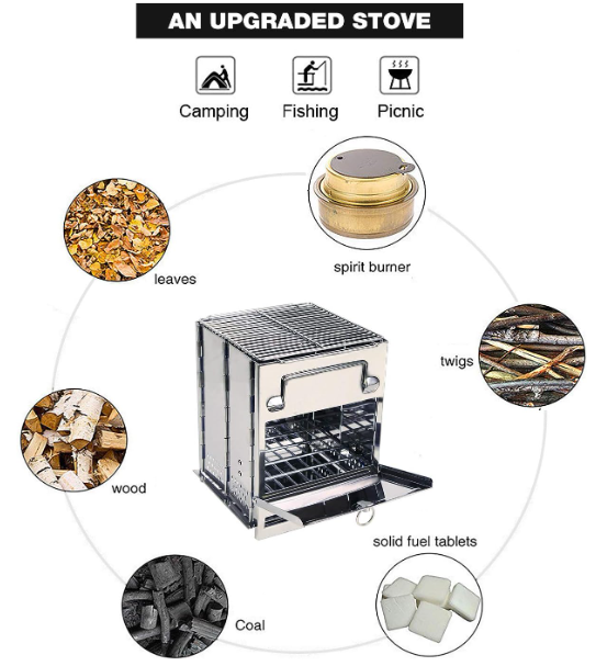 Portable Wood Burning Camp Stove, Large Folding Rocket Stove for Hiking Camping Picnic BBQ, 10.6"x7.8"x7.8"