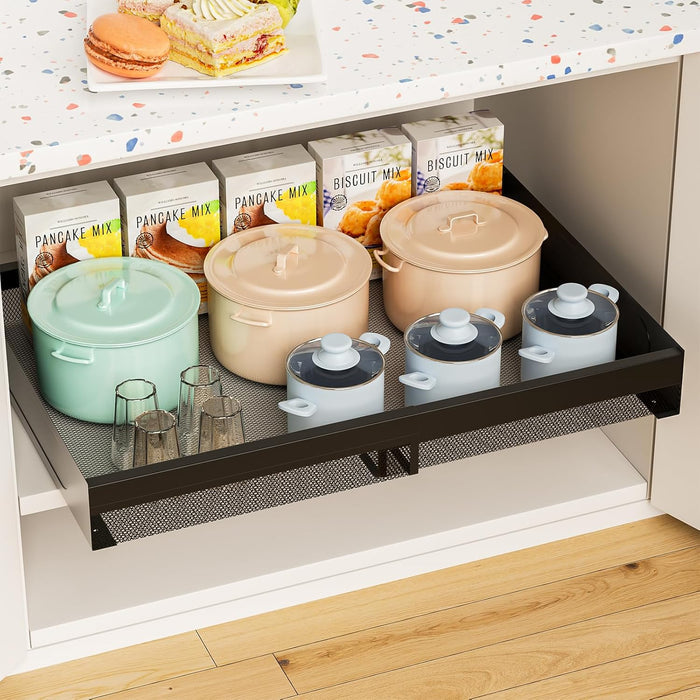 Pull Out Cabinet Organizer Expandable 13-21 Inch Wide, Black No-Drill Slide Out Drawers Kitchen Cabinets, Pantry Spice Pot and Pan Organizer
