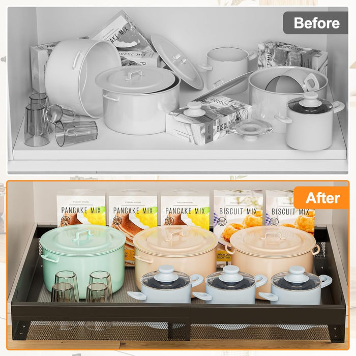Pull Out Cabinet Organizer Expandable 13-21 Inch Wide, Black No-Drill Slide Out Drawers Kitchen Cabinets, Pantry Spice Pot and Pan Organizer
