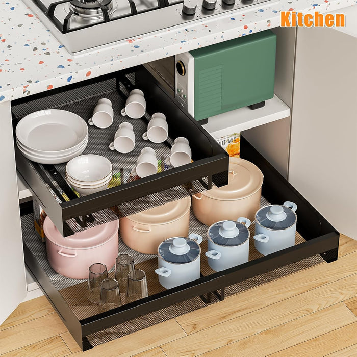 Pull Out Cabinet Organizer Expandable 13-21 Inch Wide, Black No-Drill Slide Out Drawers Kitchen Cabinets, Pantry Spice Pot and Pan Organizer