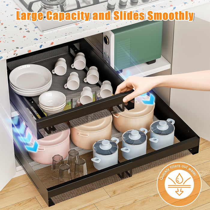 Pull Out Cabinet Organizer Expandable 13-21 Inch Wide, Black No-Drill Slide Out Drawers Kitchen Cabinets, Pantry Spice Pot and Pan Organizer