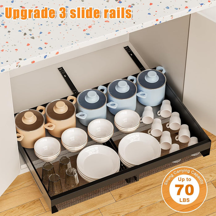 Pull Out Cabinet Organizer Expandable 13-21 Inch Wide, Black No-Drill Slide Out Drawers Kitchen Cabinets, Pantry Spice Pot and Pan Organizer