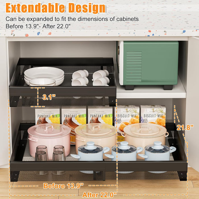 Pull Out Cabinet Organizer Expandable 13-21 Inch Wide, Black No-Drill Slide Out Drawers Kitchen Cabinets, Pantry Spice Pot and Pan Organizer