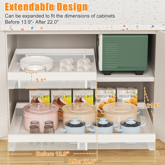Pull Out Cabinet Organizer Expandable 13-21 Inch Wide, White No-Drill Slide Out Drawers Kitchen Cabinets, Pantry Spice Pot and Pan Organizer