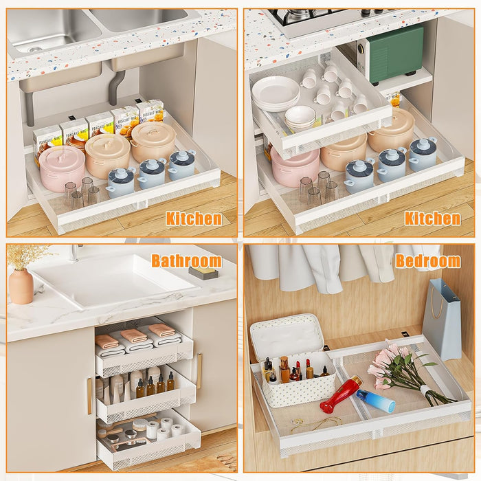 Pull Out Cabinet Organizer Expandable 13-21 Inch Wide, White No-Drill Slide Out Drawers Kitchen Cabinets, Pantry Spice Pot and Pan Organizer
