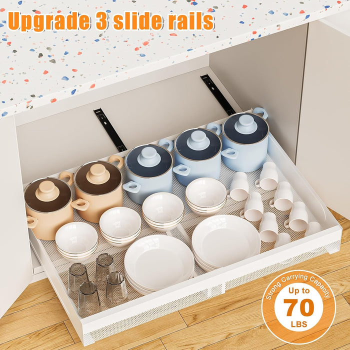 Pull Out Cabinet Organizer Expandable 13-21 Inch Wide, White No-Drill Slide Out Drawers Kitchen Cabinets, Pantry Spice Pot and Pan Organizer