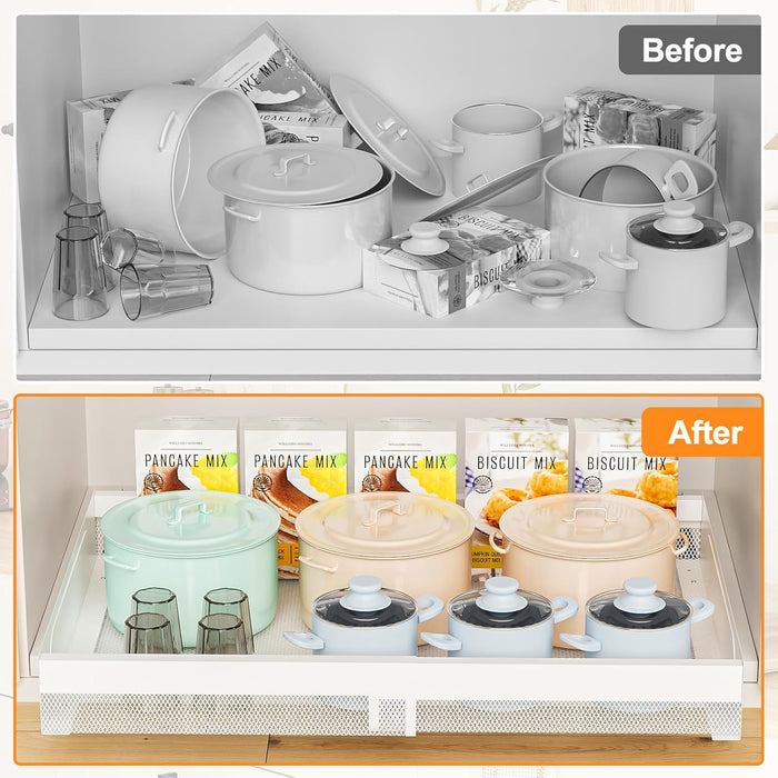 Pull Out Cabinet Organizer Expandable 13-21 Inch Wide, White No-Drill Slide Out Drawers Kitchen Cabinets, Pantry Spice Pot and Pan Organizer