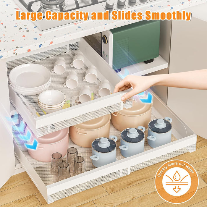 Pull Out Cabinet Organizer Expandable 13-21 Inch Wide, White No-Drill Slide Out Drawers Kitchen Cabinets, Pantry Spice Pot and Pan Organizer