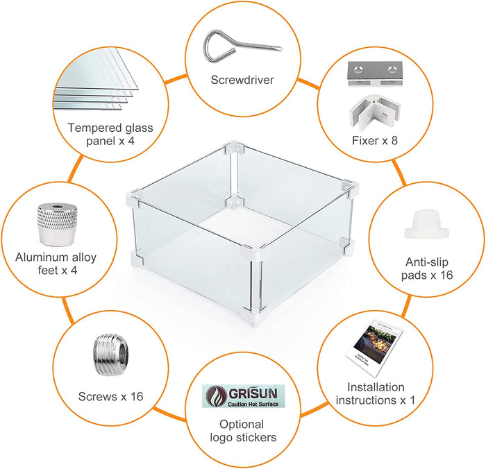 Rectangle Fire Pit Glass Wind Guard, 22 x 22 x 6 inch, Thick 5/16'' Heat-Resistant Tempered Glass Guard